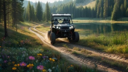 An off-road vehicle traversing a dirt path, surrounded by trees, overlooking a lake