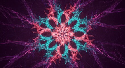 Symmetrical glowing abstract starburst pattern emerges from a dark background