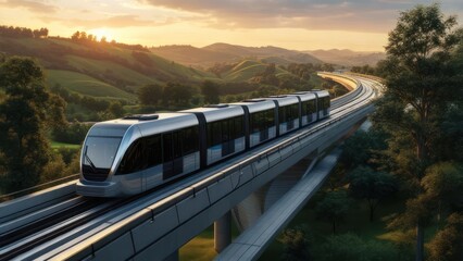 Modern electric train speeds across elevated track through lush green countryside during sunset