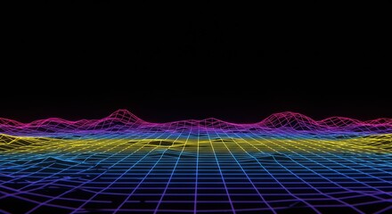 Fluorescent grid landscape stretches into a dark background with glowing contours