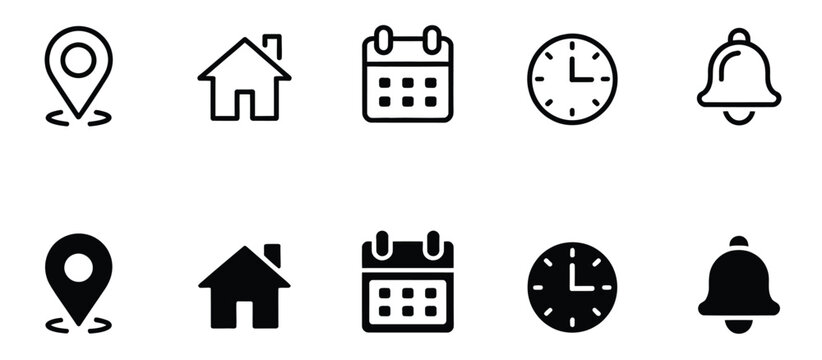 Date, time, location address, notification icon, including address location icon, notification bell icon, stopwatch timer icon, date calendar icon, web icons set, clean vector illustration 