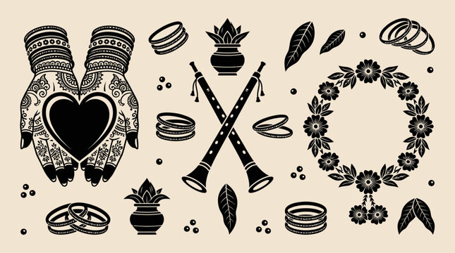 Indian wedding ceremony ritual icons and mehendi hands vector illustration