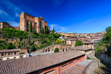 Naklejka premium View of Siena and Basilica of San Domenico (Basilica Cateriniana) is basilica church in Siena, Tuscany, Italy, one of the most important of Siena.