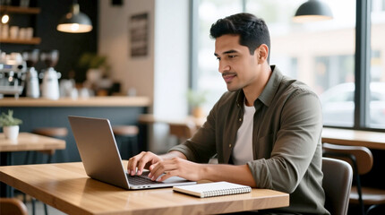 Adult Hispanic man performing focused digital tasks on laptop in modern cafe embodying flexible work and remote productivity reflecting contemporary lifestyle and personal freedom