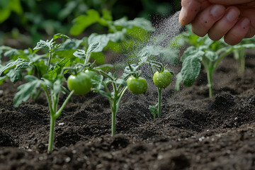 Gardener Fertilizing Young Tomato Plants in Vegetable Garden, Organic Tomato Growing with Fertilizer Application in Garden Soil