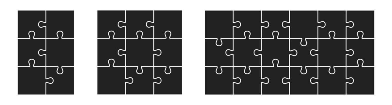 Set of clean, horizontal jigsaw puzzle template featuring a grid of 6, 9 and 24 interlocking pieces