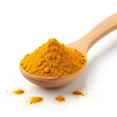 Close Up of Turmeric Powder in Wooden Spoon Isolated on White
