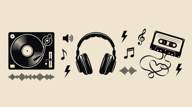Retro music equipment and icons set vector illustration
