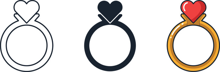 Valentine's day Set of heart shaped engagement ring icons in modern line styles