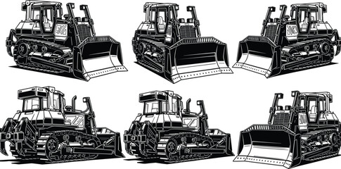 Set of Bulldozer Vector Illustrations in Black and White from Multiple Angles for Construction, Engineering, Machinery, and Heavy Equipment Design © Abdul