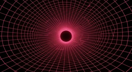 Glowing magenta wireframe tunnel converges toward a dark void in deep space