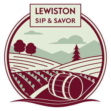 Lewiston Sip & Savor Wine Country Badge with Vineyard and Barrel