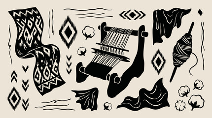 Traditional weaving loom and ikat textile patterns vector illustration