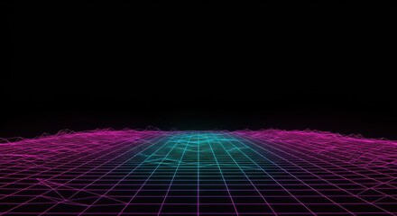 Wireframe landscape rendered with vibrant neon colors recedes into darkness