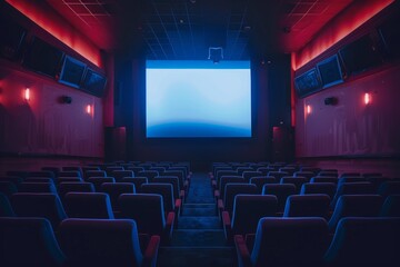 Fototapeta premium Comfortable dark blue velvet seats inside an empty movie theater, ready for a film showing with a bright blue screen
