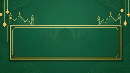 Fototapeta premium Green Islamic Banner with Frame, Golden ornate border on dark green background with mosque silhouettes, blank copy space, religious announcement and greeting concept