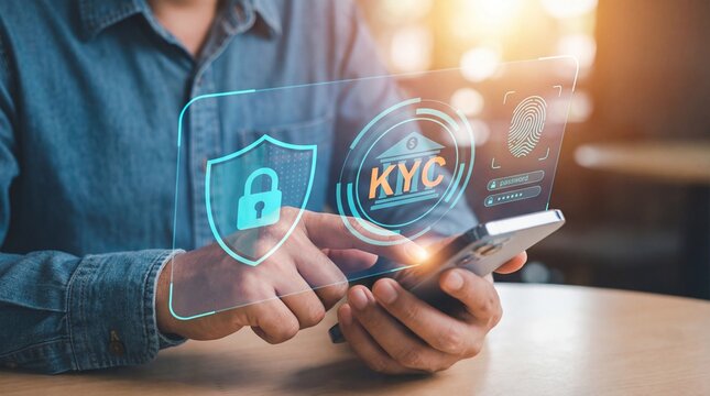 Person using smartphone with kyc and security icons floating above - Powered by Adobe