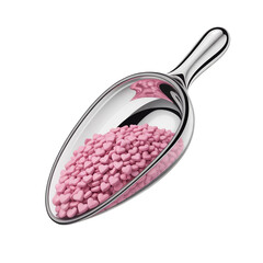 Shiny Metal Scoop Filled with Pink Heart Shaped Sugar Sprinkles Isolated on Black Background, Love and Valentine Baking Decoration Concept