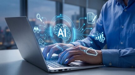 Person using laptop with ai icons on screen in modern office setting