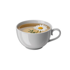 White Ceramic Cup of Herbal Chamomile Tea with Fresh Daisy Flower Floating on Surface Isolated on Black Background, Relaxing Natural Beverage Concept