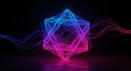 Glowing geometric structure radiates vibrant neon light streams against a dark background