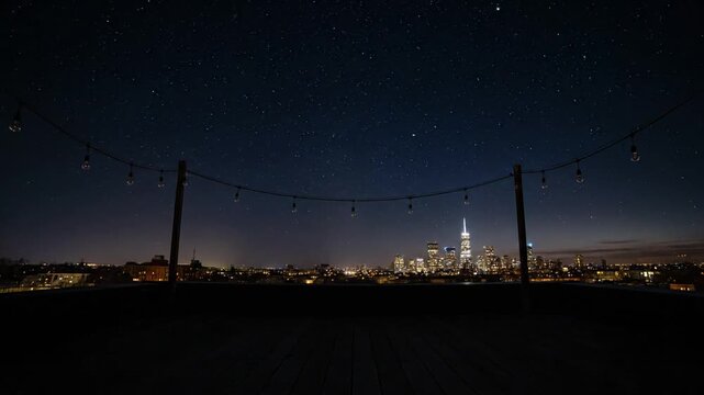 City skyline at night with stars and string lights on a rooftop deck