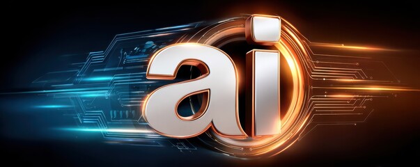 Futuristic AI logo with glowing blue holographic rings and sleek digital design