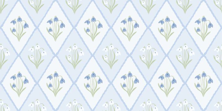 Soft Blue Floral Lattice Seamless Pattern with Delicate Spring Flowers Background