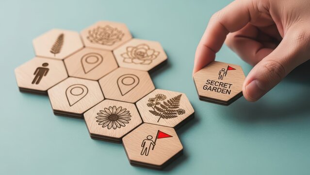 Placing the final piece to discover the secret garden on a wooden board game