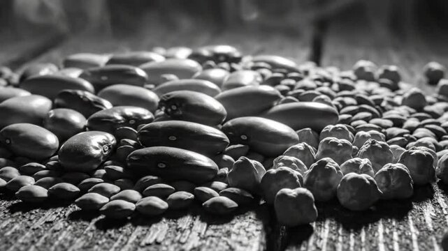 Black and white close-up of a variety of dry beans and legumes on a rustic wooden surface with shallow depth of field.