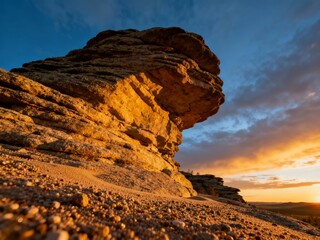 Sunset illuminates a layered rock formation in a desert landscape