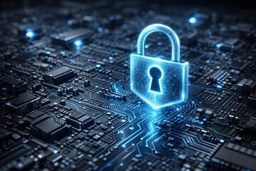 Glowing padlock icon on a circuit board, representing data security, encryption, and protected access in IT systems