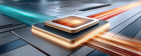 Close-up shot of a chip on top with the screen in focus, showcasing futuristic technology and glowing circuitry