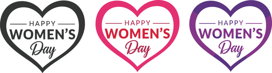 Fototapeta premium Vector set of three heart-shaped badges in black, pink, and purple for Happy Women's Day celebration typography.