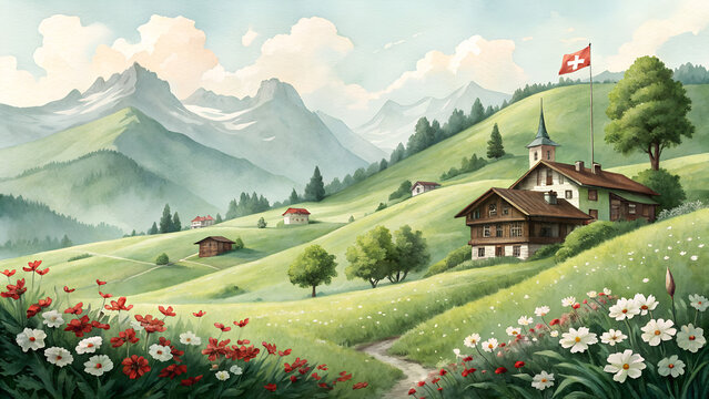 Watercolor landscape background in serene and patriotic mood, rolling green hills dotted with Swiss flowers and traditional chalets for Confederation Day with copy space  
