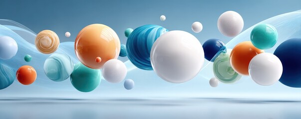A digital collage of interconnected colorful spheres floating above a calm blue background