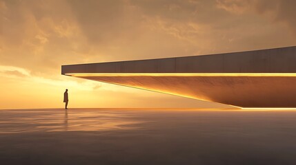 Minimalist lone figure contemplates futuristic architecture at sunset ultra hd photo