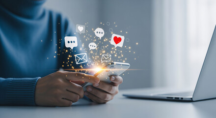 Person's hands using a smartphone with vibrant digital social media icons