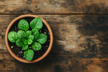 Fresh Green Basil Plant in a Pot on a Dark Rustic Wooden Table, Overhead View of Young Basil Herb Growing in Soil with Copy Space