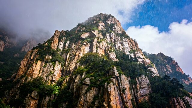 Majestic rocky mountain peak covered in greenery under a stormy sky with rain falling - Powered by Adobe