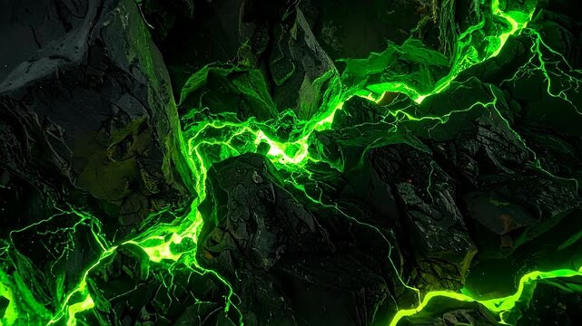 Glowing Green Energy Veins Flowing Through Dark Rock Formations in a Cave System