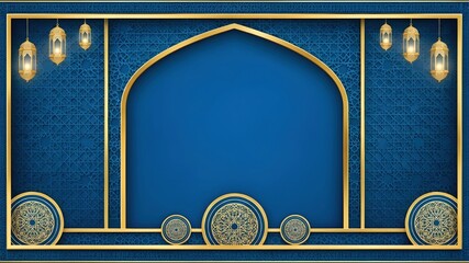 Blue Islamic Arch Background, Ornate gold frame with hanging lanterns and mosaic patterns, blank central space, elegant Ramadan and Eid announcement concept