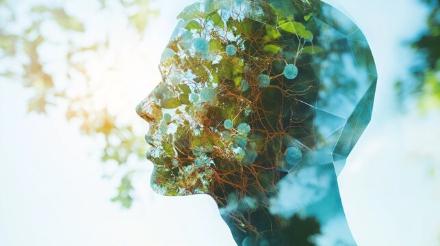 The stylised silhouette of a head filled with greenery and natural elements symbolises the harmony between humans and the environment &mdash; a universal natural backdrop  