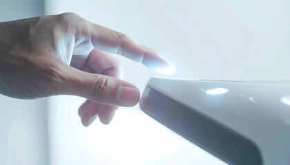 Human Touch Interface: A close-up shot captures a person's finger gently interacting with a sleek, glowing interface, symbolizing the seamless fusion of technology and human connection.