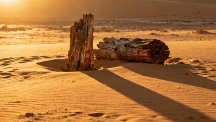 Driftwood on sandy beach at sunset with long shadows and warm lighting