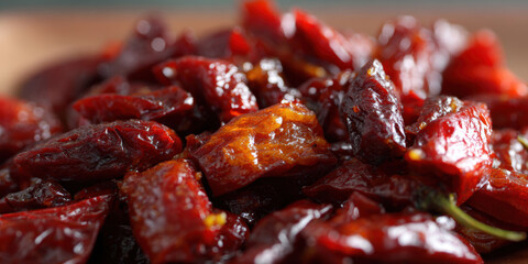 Spicy chili glaze glossy sauce red pepper closeup texture sticky caramelized sweet heat savory glaze rustic kitchen macro food glistening chunks mouthwatering allure with rich sheen and warmth