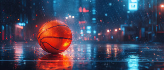 An orange basketball on wet asphalt in the rain emphasises the drama of urban flooding, which will enhance the visual impact of social campaigns about the climate crisis.