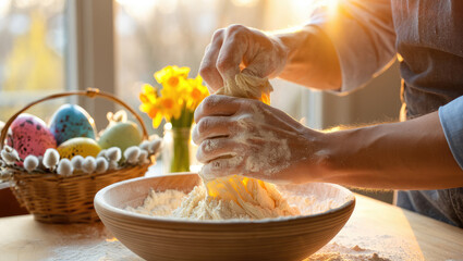 Hands Kneading Dough for kulich in Sunlit Kitchen for Easter Baking Promotion, baking blogs and culinary magazines, recipe book recipe, bakery promotion, advertising flour, baking powder, yeast