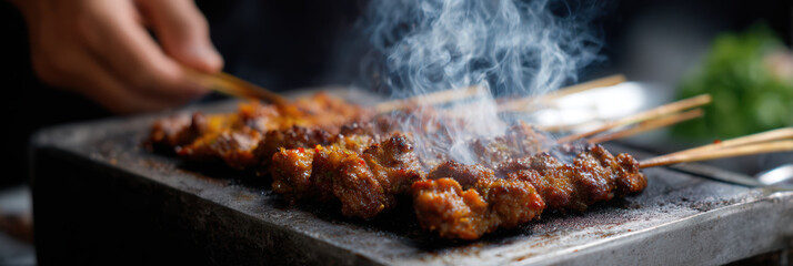 Grilled satay street food smoke skewer charcoal spice meat fire vendor market flavors rise as juicy satay sizzles over hot charcoal, smoky aroma and golden glaze invite warm hunger and night