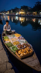 Floating market boat night canal street food lantern light river reflection vendor fresh produce grilled fish herbs Asian city